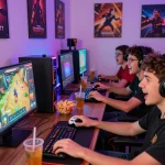 Excited gamers enjoying a lively session on VEGASSLOT77, surrounded by colorful screens and snacks.