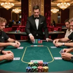 Players engaged in strategic poker gameplay at DA88 casino, showcasing luxury decor and vibrant chips