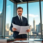 New York City injury lawyer reviewing legal documents in a modern office setting