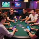 Friends enjoying bk8 online gaming in a lively casino atmosphere with vibrant screens and poker chips.