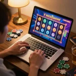 Engage in thrilling gameplay with link slot777 on a laptop, showcasing vibrant slot game graphics and a cozy home environment.