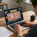 SLOT6000 online gaming session in a cozy home office, focused player with strategy notes.