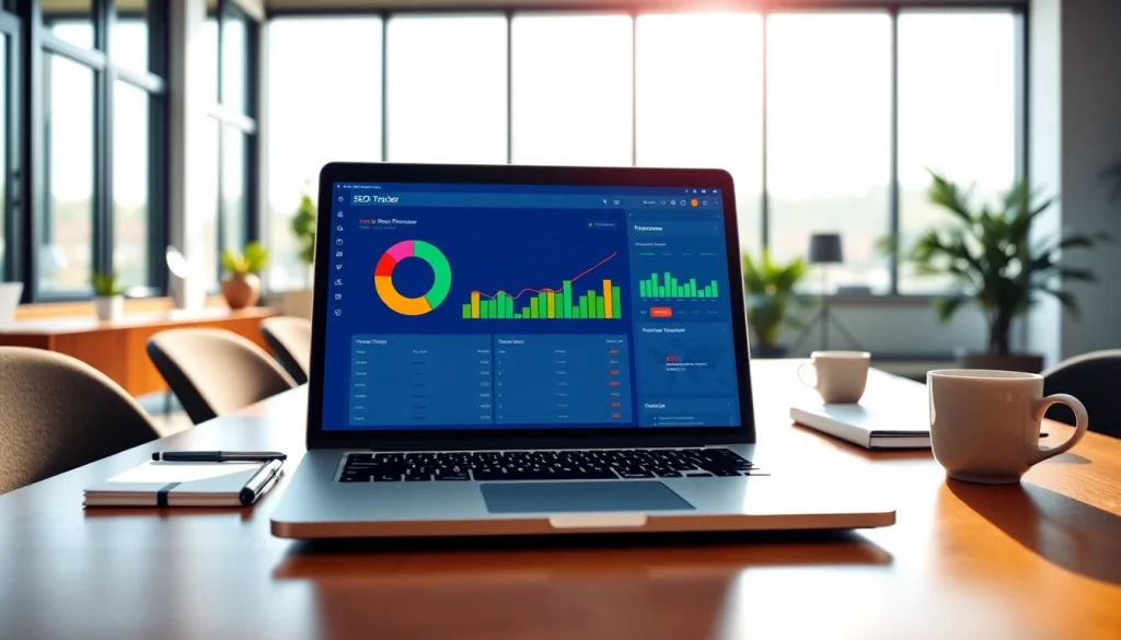 Visual representation of an SEO Rank Tracker interface on a laptop in a modern office setting.