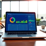 Visual representation of an SEO Rank Tracker interface on a laptop in a modern office setting.