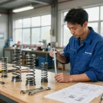 Inginer inspectând diferite tipuri de arcuri oțel într-un atelier industrial luminos.