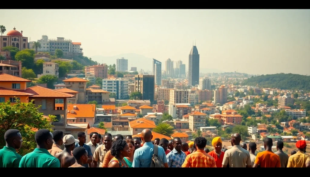 People engaging in discussions about Kenya News in a vibrant city setting.