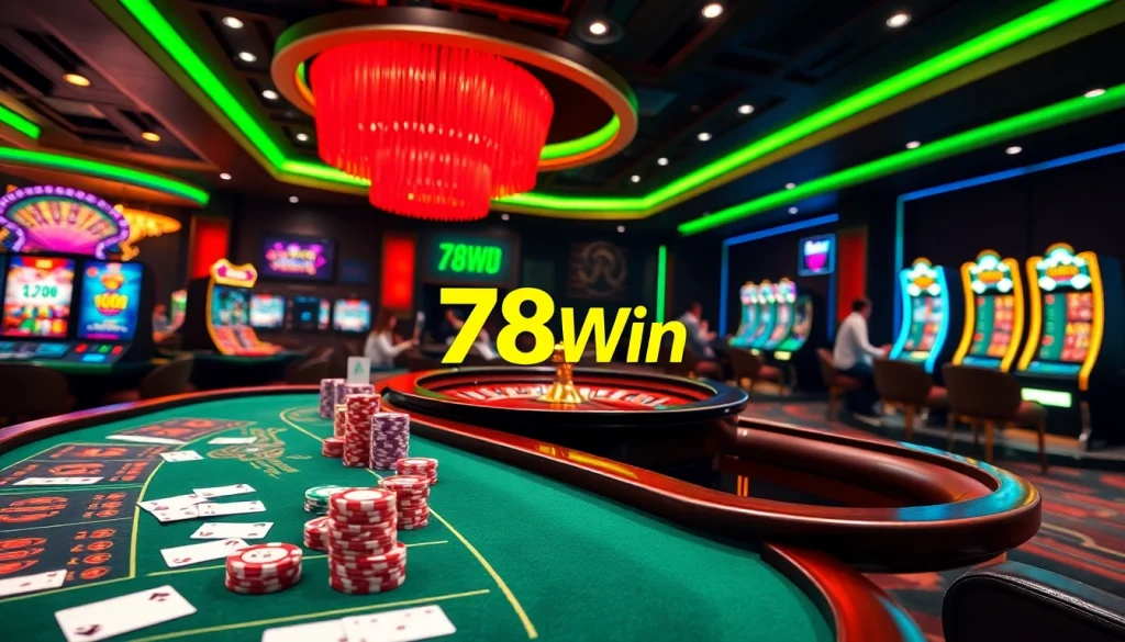 Players enjoying exciting games at 78Win online casino, featuring vibrant tables and slot machines.