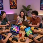 Engaged players enjoying free sex games on various devices in a cozy living room setting, highlighting interactive adult gaming experience.