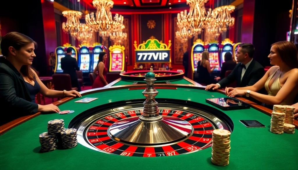 Players enjoying a lively game at the 777VIP roulette table in a glamorous casino setting.