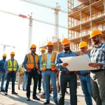 Demonstrating teamwork at a construction membership association, diverse professionals collaborate on a site plan.