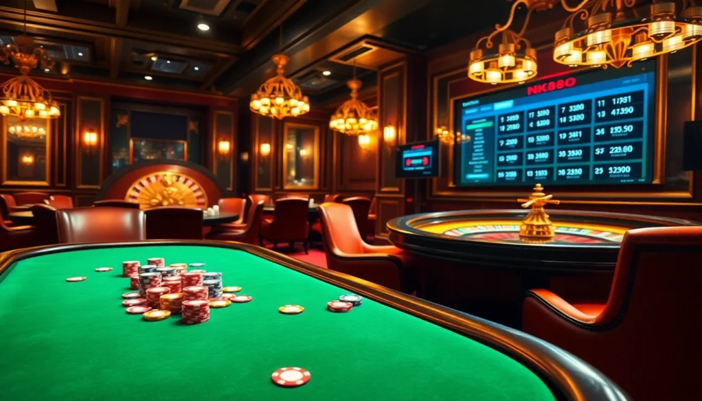 NK88 players enjoying a vibrant casino atmosphere with poker chips, cards, and roulette wheels.
