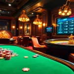 NK88 players enjoying a vibrant casino atmosphere with poker chips, cards, and roulette wheels.