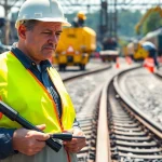 Engineer performing derailment repairs on railway tracks, highlighting focused effort and professionalism.