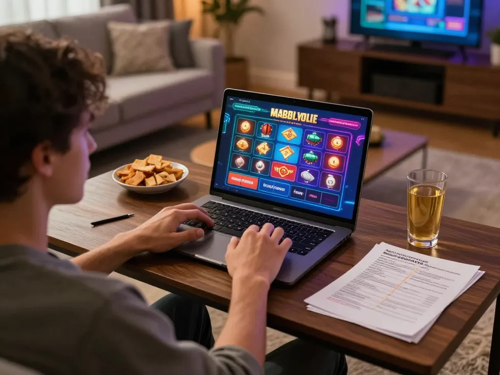Engaging scene of a player experiencing 27G online casino games from home, with strategic betting notes visible.