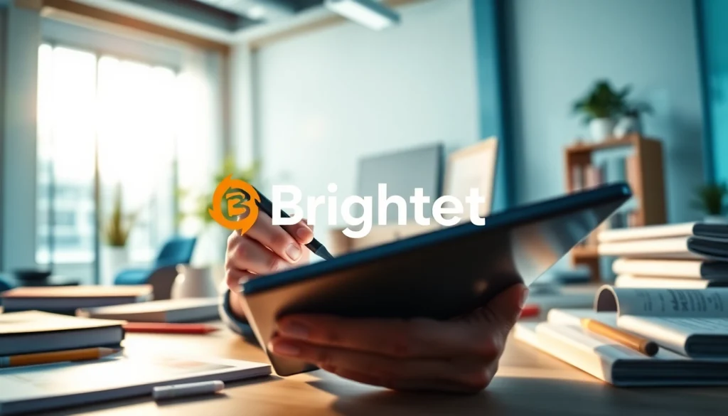 Brightet logo design process in a modern workspace with vivid colors and creative elements.
