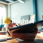 Brightet logo design process in a modern workspace with vivid colors and creative elements.