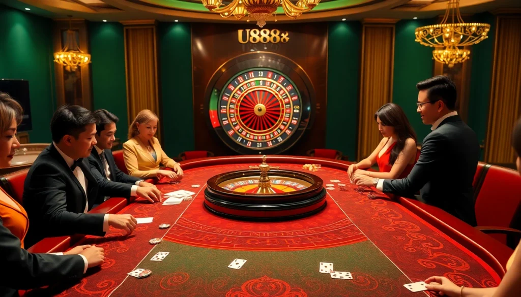 U888 players enjoying high-stakes gambling at an elegant baccarat table in a vibrant casino setting.