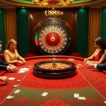 U888 players enjoying high-stakes gambling at an elegant baccarat table in a vibrant casino setting.