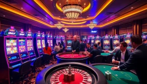Experience the thrill of idnslot machines in a luxurious casino setting filled with vibrant gaming action.
