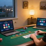 Kuwin player placing bets at live dealer blackjack table on a laptop, emphasizing strategic online gaming.