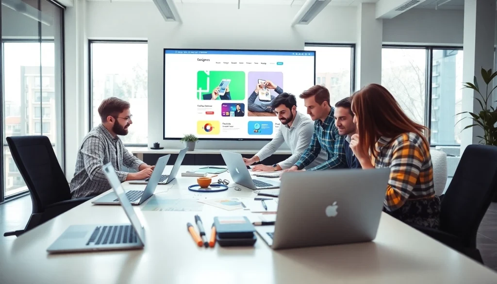 Dynamic workspace of a web design company collaborating on creative projects.