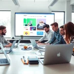 Dynamic workspace of a web design company collaborating on creative projects.
