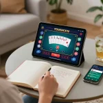 Player engaging in online gambling with 98win vin casino game on tablet in cozy home setting.