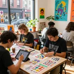 Artists collaborating on custom stickers in a vibrant urban workspace with creative designs, bright light, and art supplies.