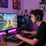 Gamer terbenam dalam permainan video hotplay90 dengan grafik yang hidup dan pengaturan gaming RGB