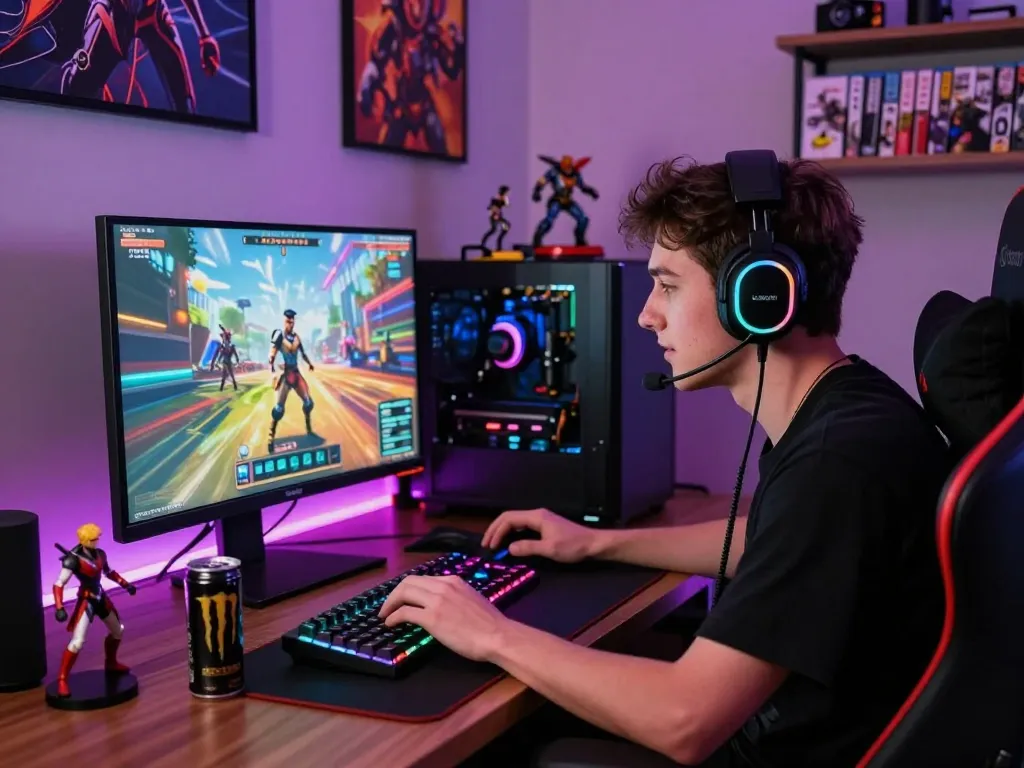 Gamer terbenam dalam permainan video hotplay90 dengan grafik yang hidup dan pengaturan gaming RGB