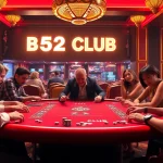 Players enjoy a thrilling game at the vibrant B52 CLUB casino table filled with poker chips and cards.