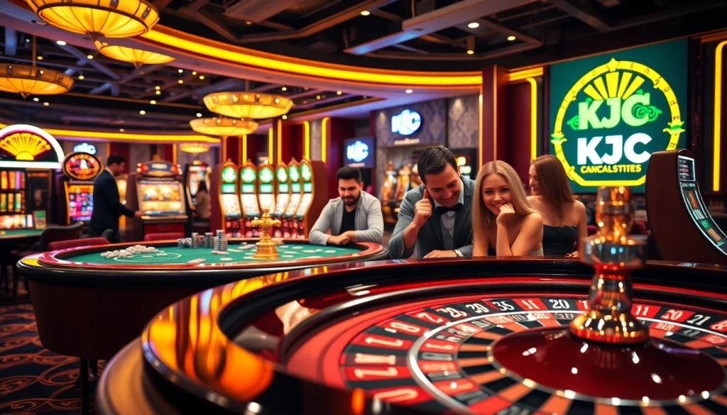 KJC enthusiasts playing poker at a glamorous casino table filled with chips and excitement.