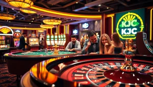 KJC enthusiasts playing poker at a glamorous casino table filled with chips and excitement.