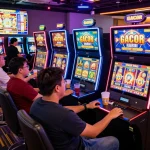 Pemain yang terlibat menikmati slot gacor hari ini di ruang permainan yang meriah dengan layar terang dan suasana yang hidup.