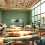 Chiang Mai Massage School students practicing postural massage techniques in a modern classroom.