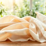 Hoogwaardige linnen stoffen prachtig gepresenteerd op een houten tafel in een lichte studio.