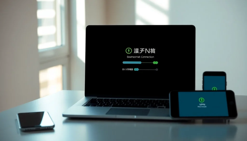 在现代工作区的多设备上显示的快连 VPN 界面，象征无缝连接。