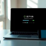 在现代工作区的多设备上显示的快连 VPN 界面，象征无缝连接。