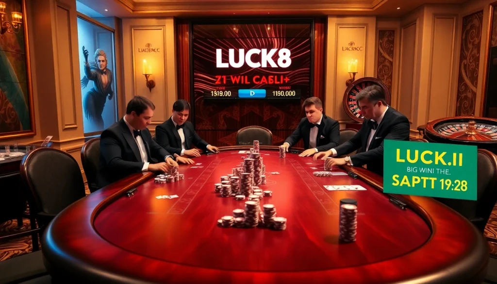 LUCK8 poker players at a high-stakes table with chips and cards in a luxurious casino setting.