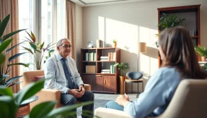 Engaging psychiatrist dubai in a welcoming office environment during a counseling session.