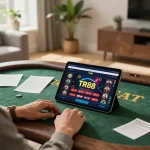 Player enjoying TR88 online casino app on tablet in cozy home setting with strategic gaming notes
