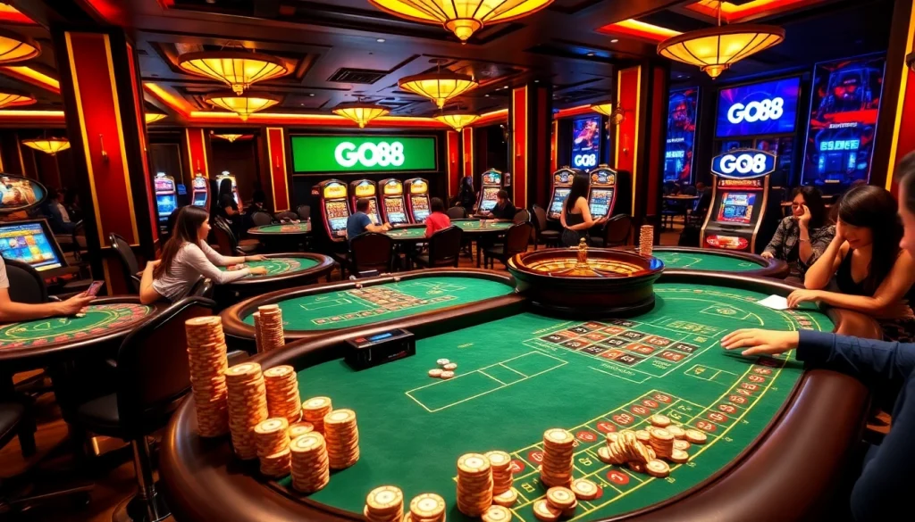 Players enjoying high-stakes games at the luxurious GO88 casino, featuring vibrant roulette and poker tables.