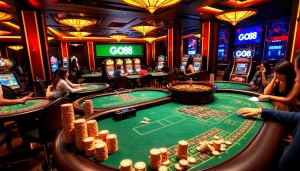 Players enjoying high-stakes games at the luxurious GO88 casino, featuring vibrant roulette and poker tables.