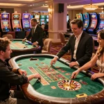 Players engaging in dynamic roulette action at a vibrant casino, highlighting 5699 gaming excitement and strategy.