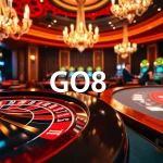 The GO8 casino scene featuring roulette, blackjack, and vibrant poker chips in a luxurious setting.