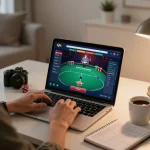 Engaging in strategic online poker gameplay on a laptop, showcasing the 75W gambling experience in a cozy home setting.