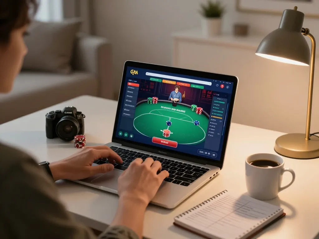 Engaging in strategic online poker gameplay on a laptop, showcasing the 75W gambling experience in a cozy home setting.