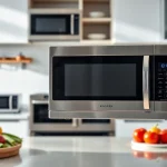 Engaging display of various microwave oven sales, featuring sleek stainless steel models in a modern kitchen.