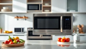 Engaging display of various microwave oven sales, featuring sleek stainless steel models in a modern kitchen.