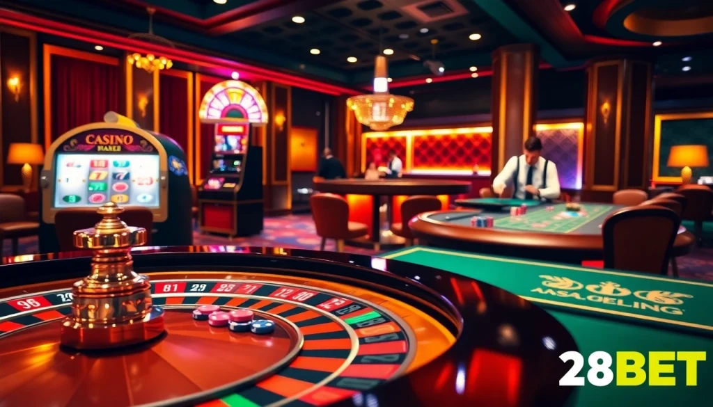 Experience excitement at the 28BET casino with a vibrant roulette table and elegant gaming atmosphere.